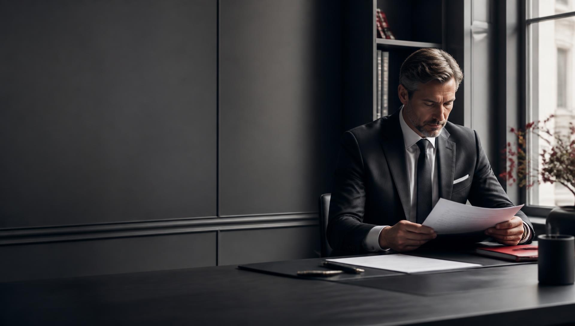 Professional translator reviewing certified documents in an elegant British office with subtle red accents