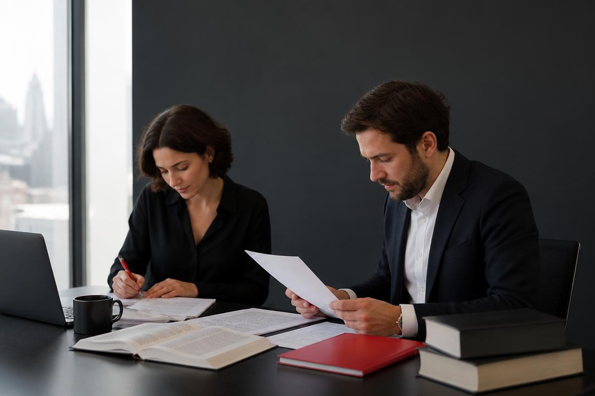 Professional translators reviewing documents together in a modern London office